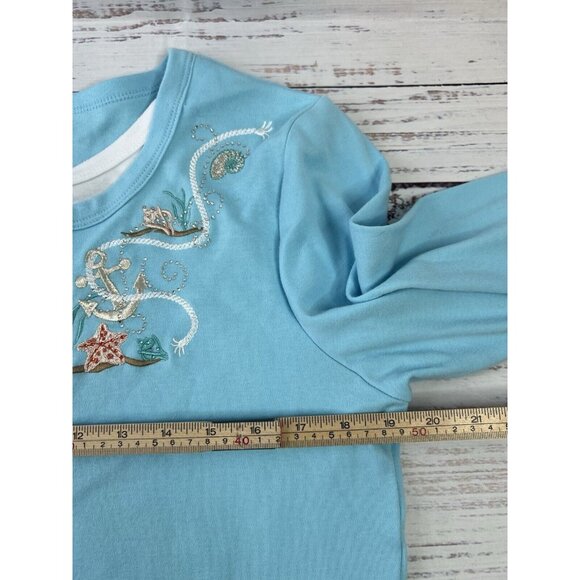 90s Morning Sun Sweatshirt L Nautical Seashell Coastal Blue Cottage - Picture 7 of 12